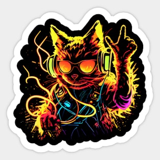 Cat DJ Decks 80's 90's Retro Neon Clubbers Rave Party Sticker